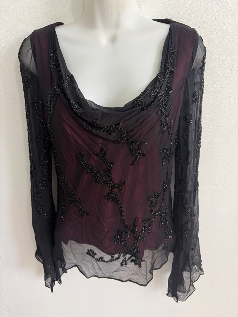Scala Silk Beaded Bell Sleeve Blouse Cowl Neck Top SOLD - Picture 6 of 7